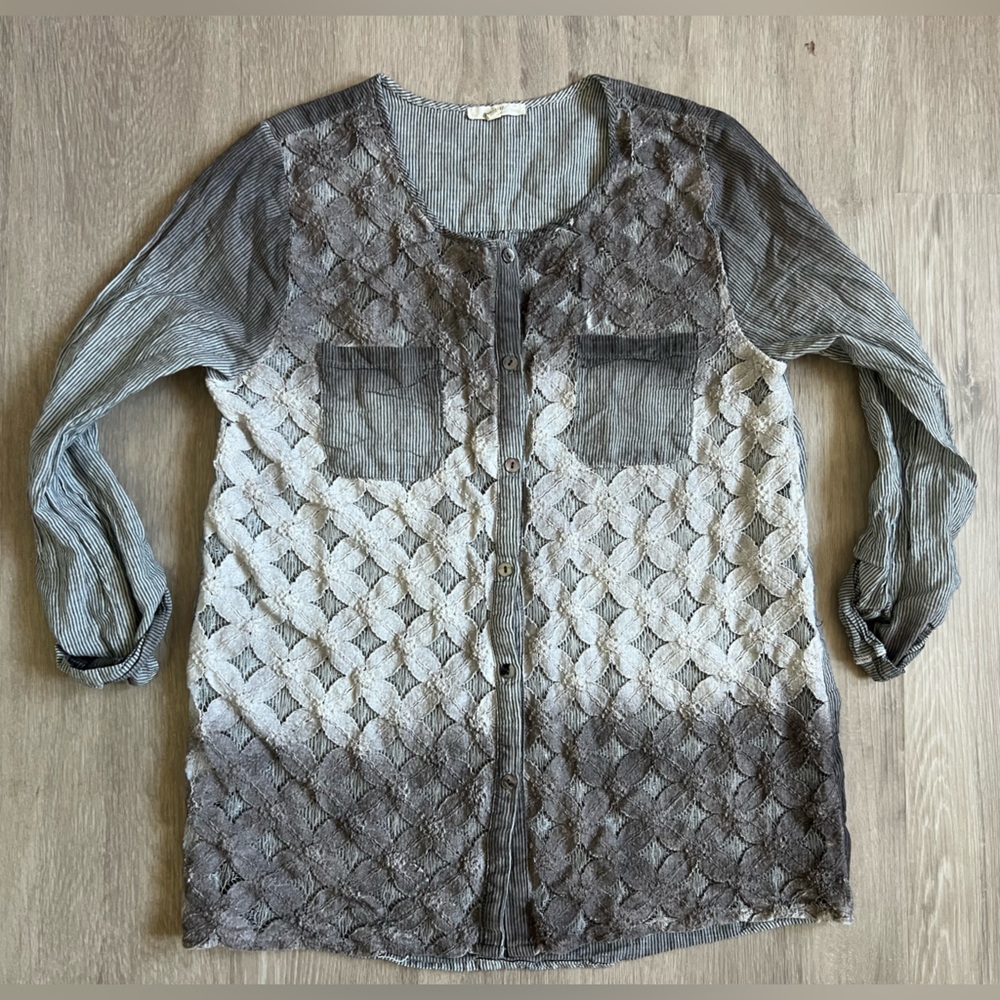 Crochet floral front ombré dyed button down long sleeve top Med fairygrunge